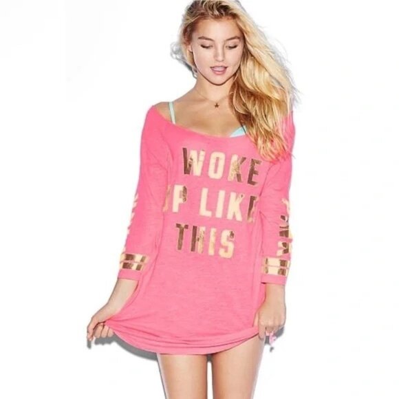 PINK Victoria's Secret I Woke Up Like This Neon Pink y2k T-shirt - Picture 1 of 7